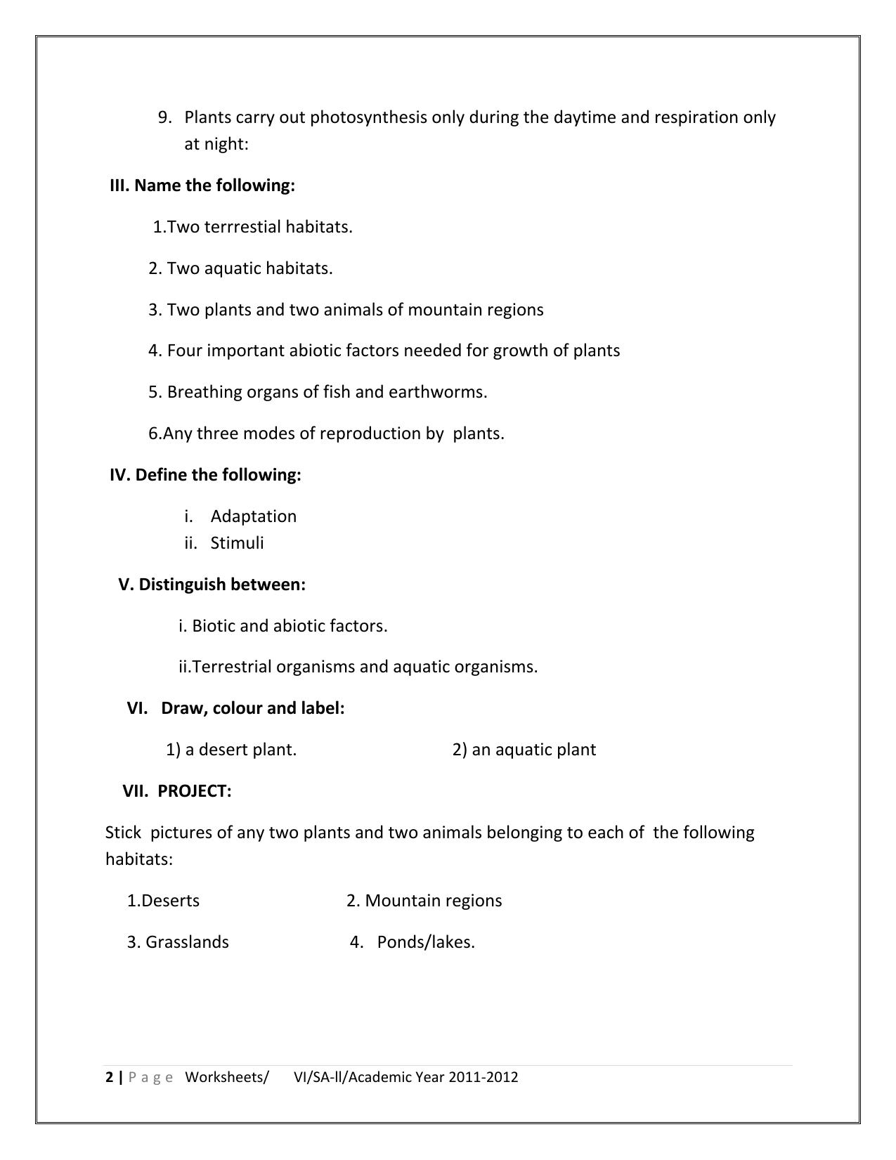 CBSE Worksheets for Class 6 Science Living Organisms and Sorroundings Assignment - Page 2