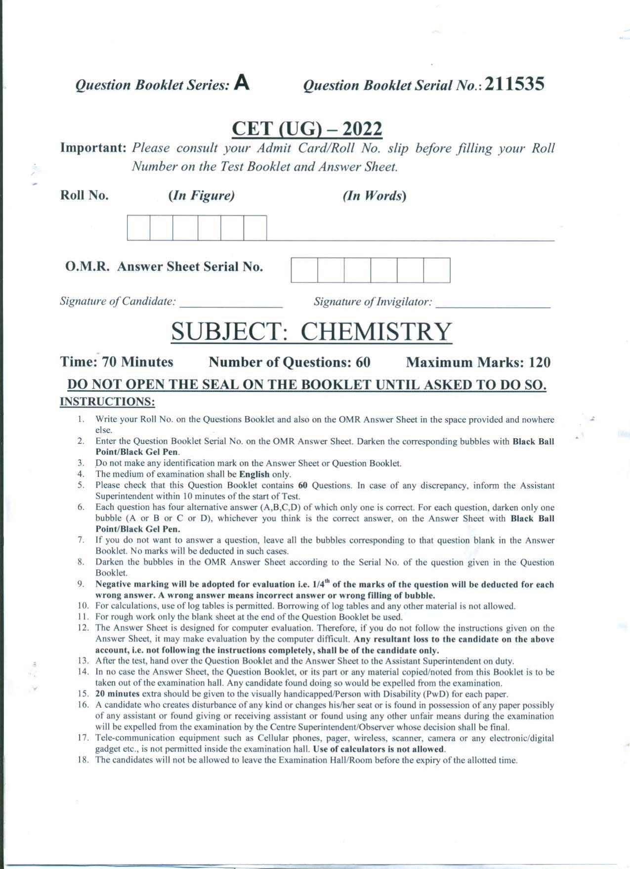 PUCET UG 2022 Chemistry Question Paper - Page 1