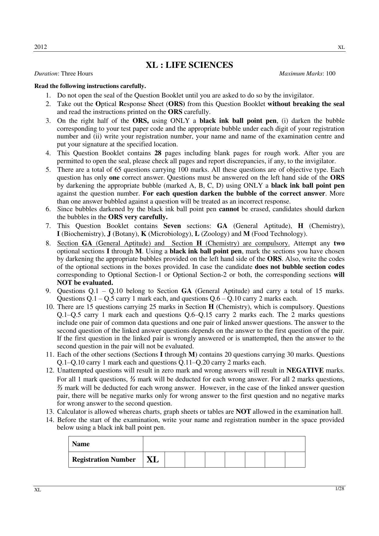 GATE 2012 Life Sciences (XL) Question Paper with Answer Key - Page 1