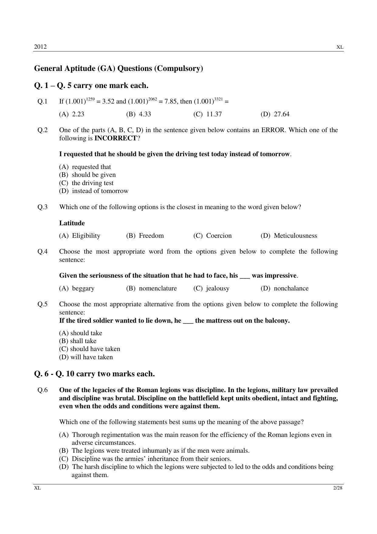 GATE 2012 Life Sciences (XL) Question Paper with Answer Key - Page 2