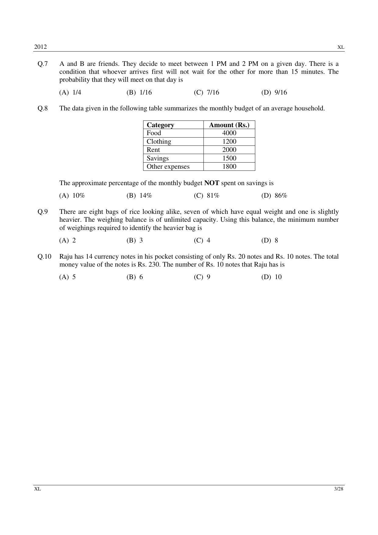 GATE 2012 Life Sciences (XL) Question Paper with Answer Key - Page 3