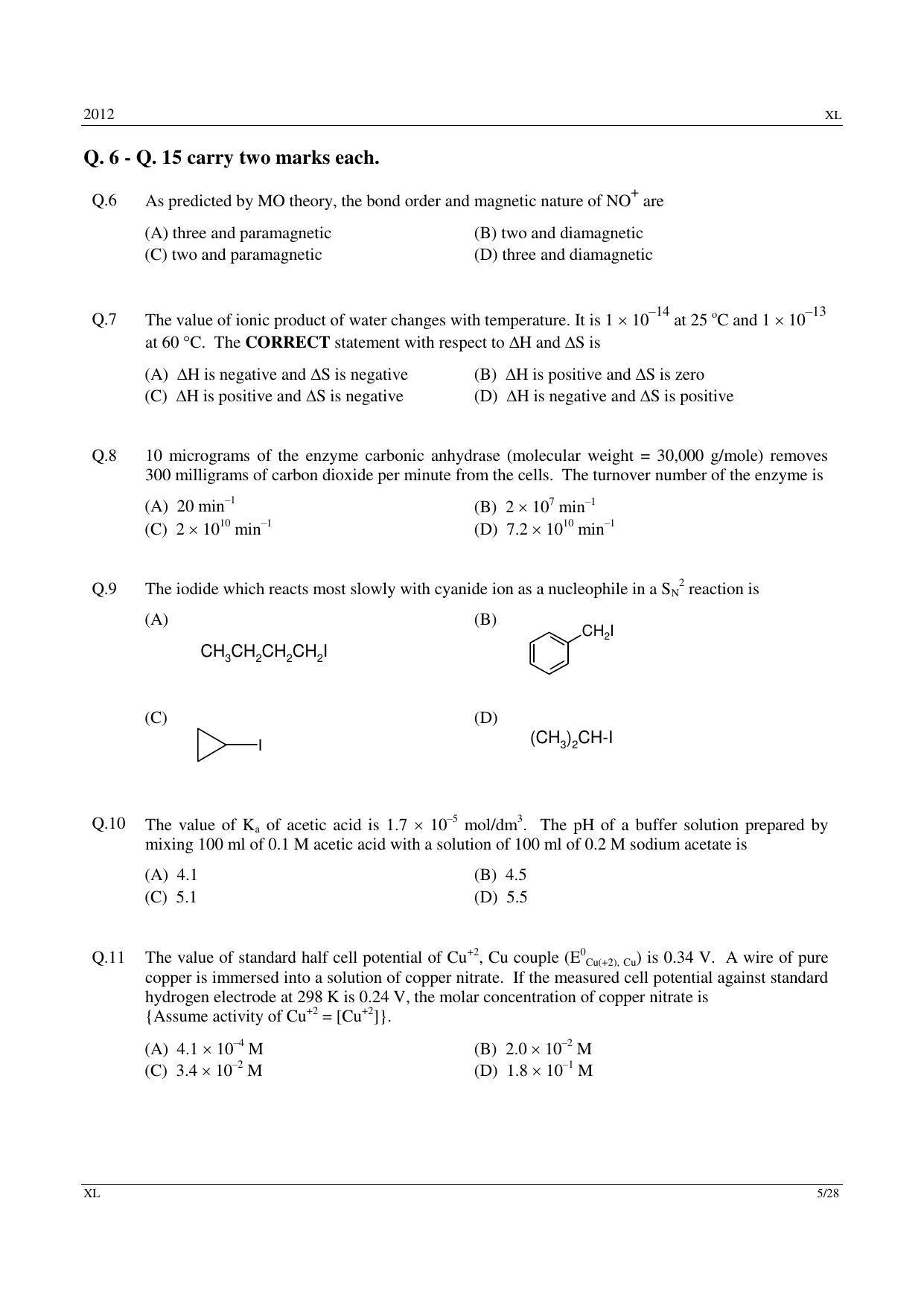 GATE 2012 Life Sciences (XL) Question Paper with Answer Key - Page 5