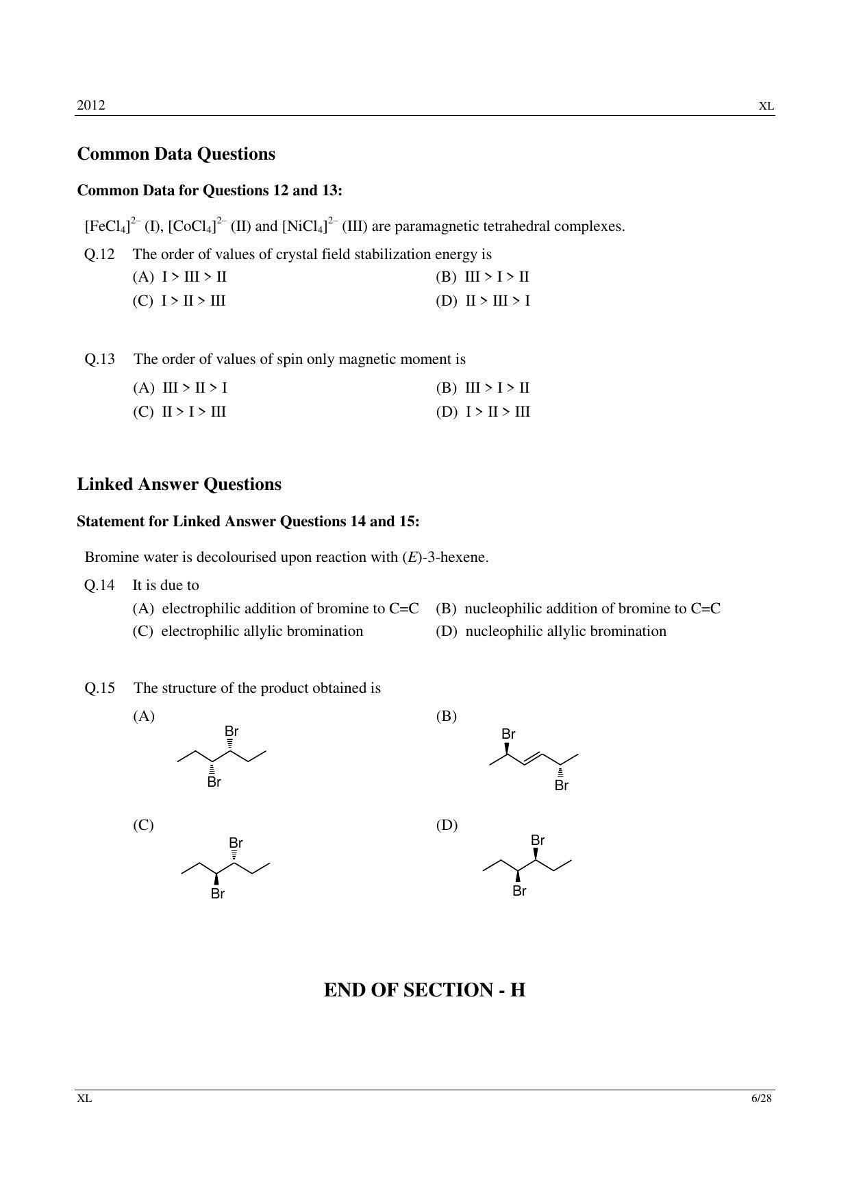 GATE 2012 Life Sciences (XL) Question Paper with Answer Key - Page 6