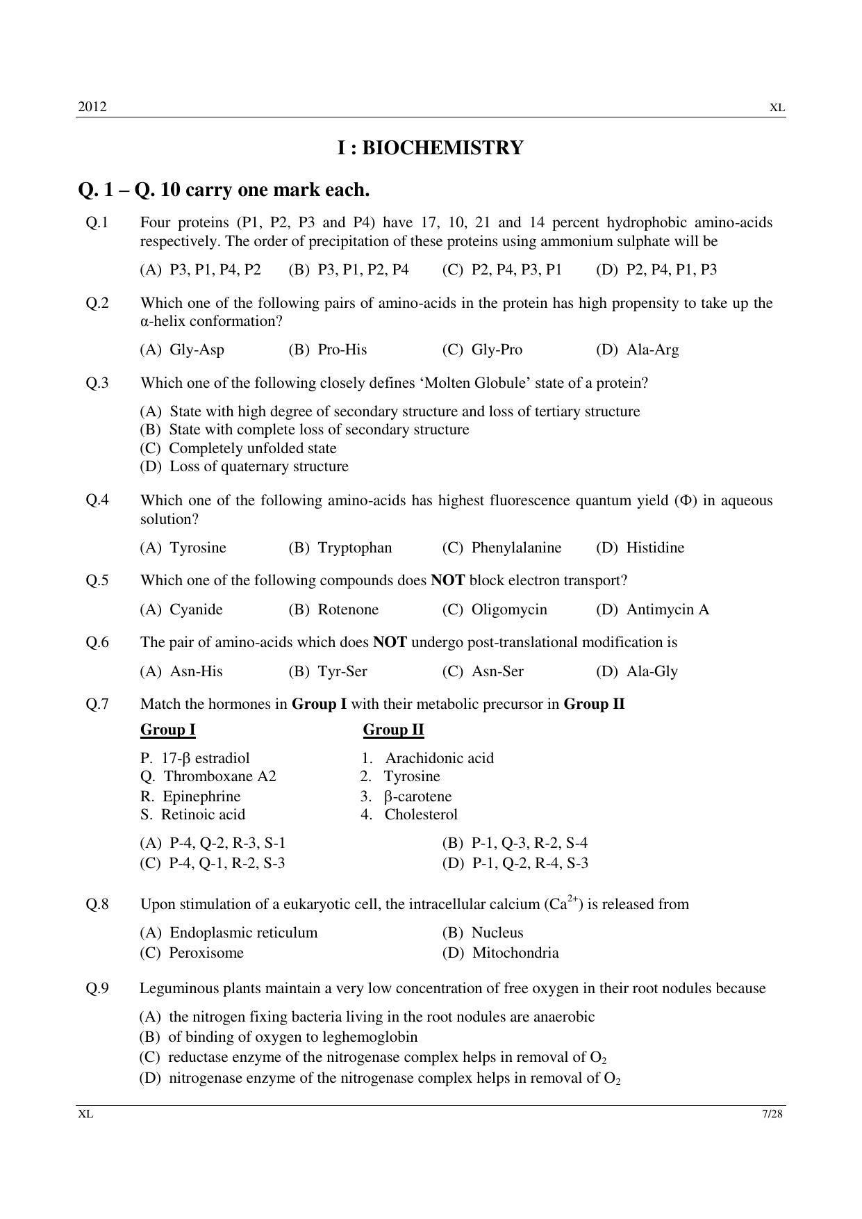 GATE 2012 Life Sciences (XL) Question Paper with Answer Key - Page 7