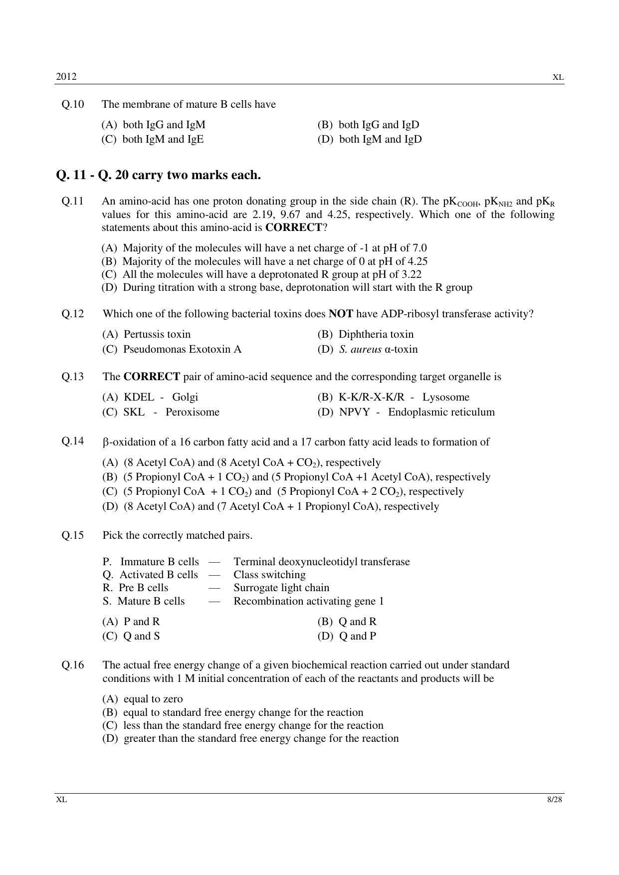GATE 2012 Life Sciences (XL) Question Paper with Answer Key - Page 8