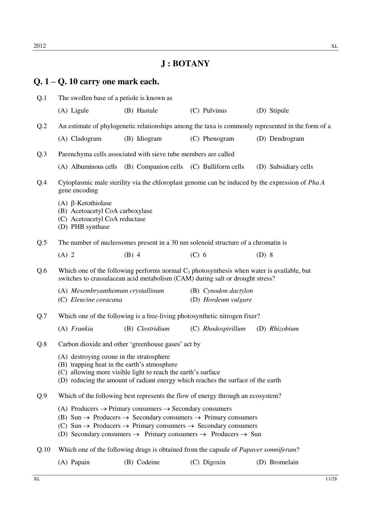 GATE 2012 Life Sciences (XL) Question Paper with Answer Key - Page 11