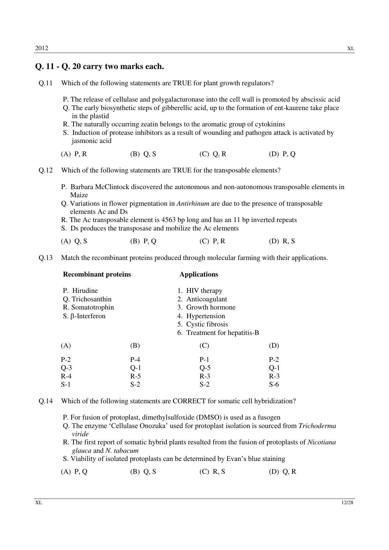 GATE 2012 Life Sciences (XL) Question Paper with Answer Key - Page 12