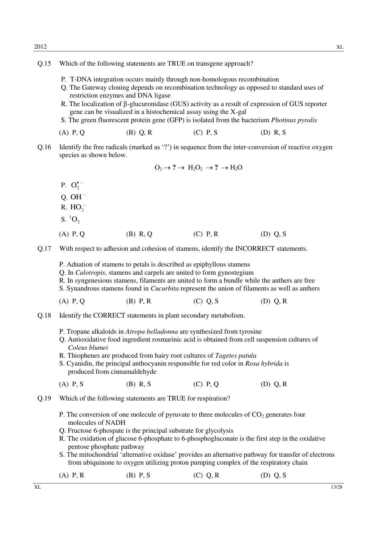 GATE 2012 Life Sciences (XL) Question Paper with Answer Key - Page 13