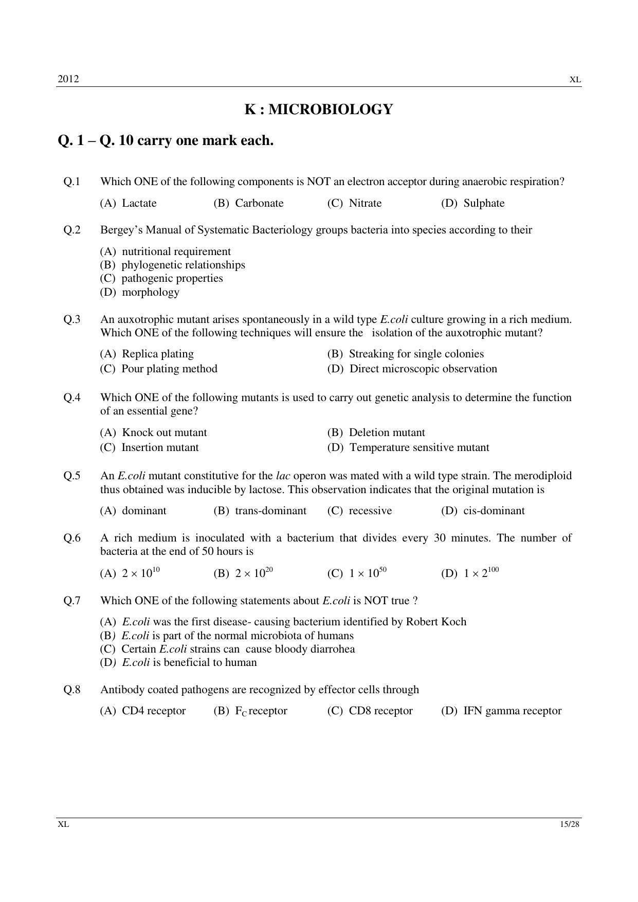 GATE 2012 Life Sciences (XL) Question Paper with Answer Key - Page 15