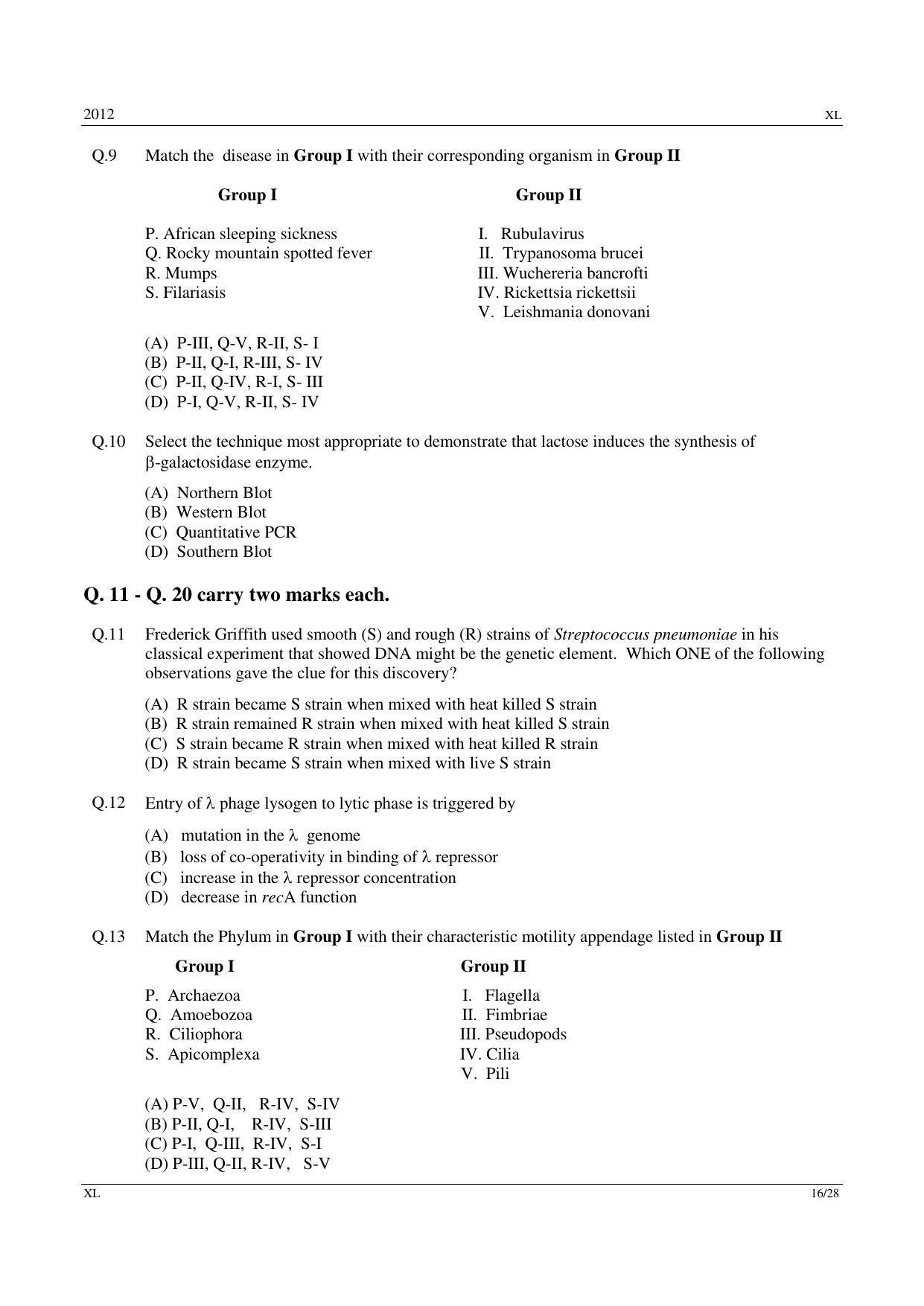 GATE 2012 Life Sciences (XL) Question Paper with Answer Key - Page 16