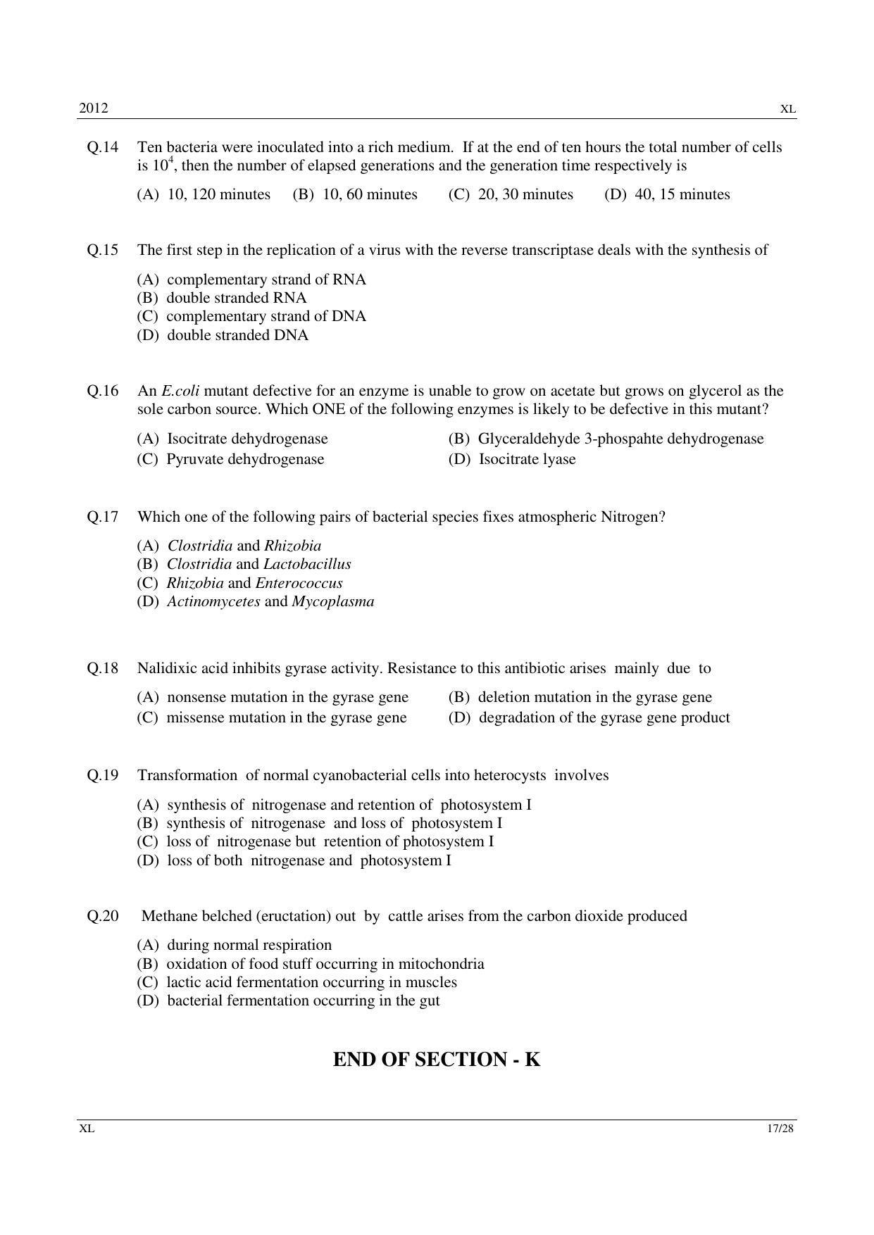 GATE 2012 Life Sciences (XL) Question Paper with Answer Key - Page 17