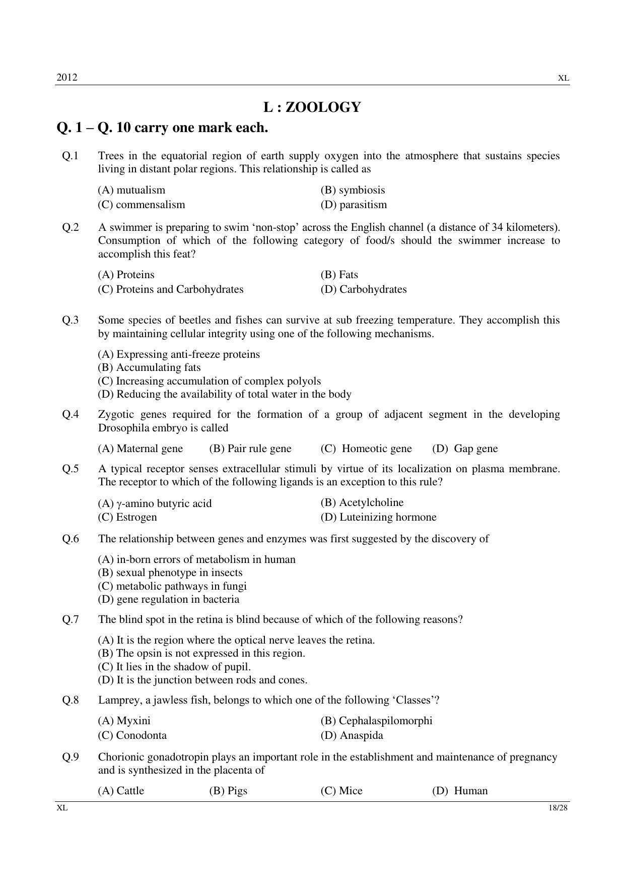 GATE 2012 Life Sciences (XL) Question Paper with Answer Key - Page 18