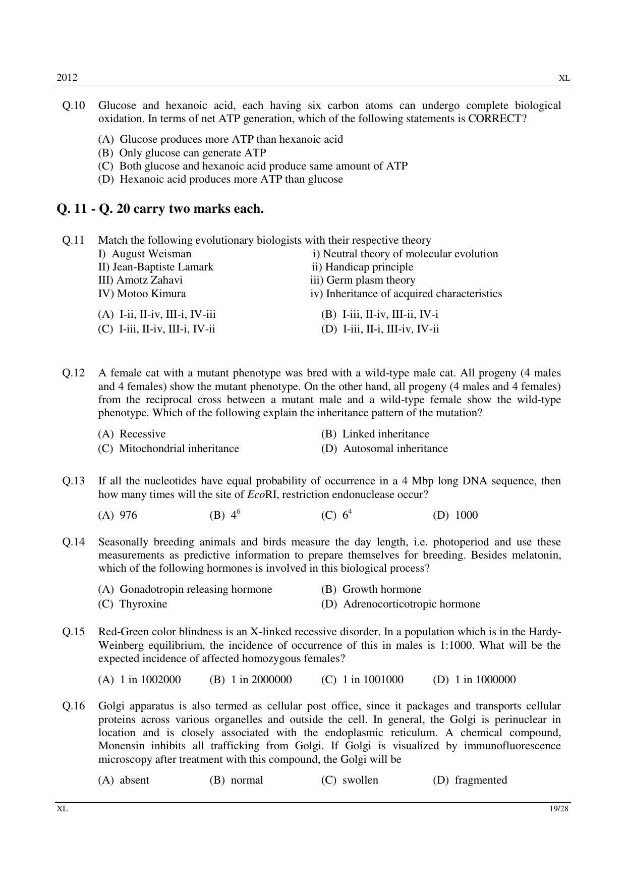 GATE 2012 Life Sciences (XL) Question Paper with Answer Key - Page 19