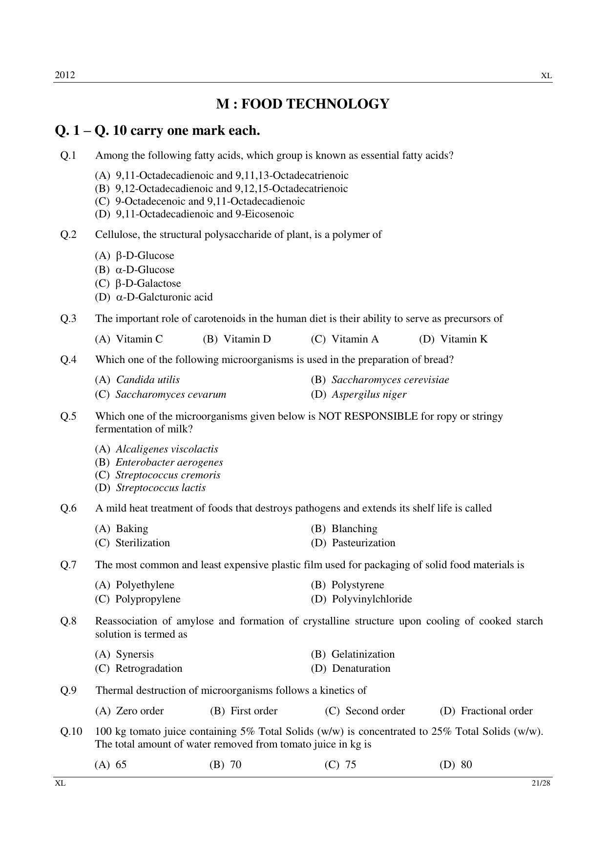GATE 2012 Life Sciences (XL) Question Paper with Answer Key - Page 21