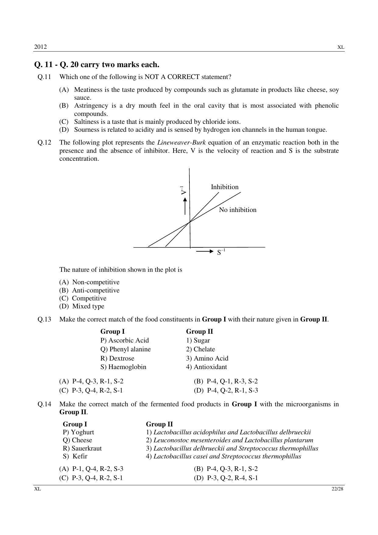GATE 2012 Life Sciences (XL) Question Paper with Answer Key - Page 22