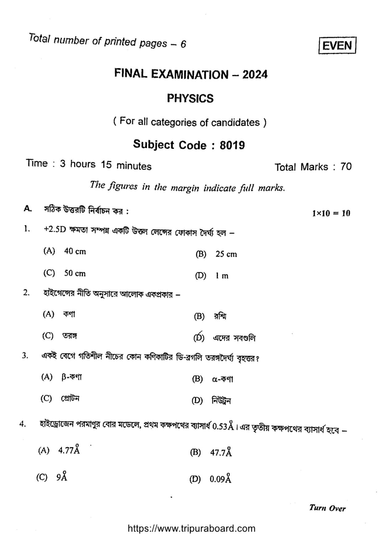 TBSE Class 12 Physics Question Paper 2024 - Page 1