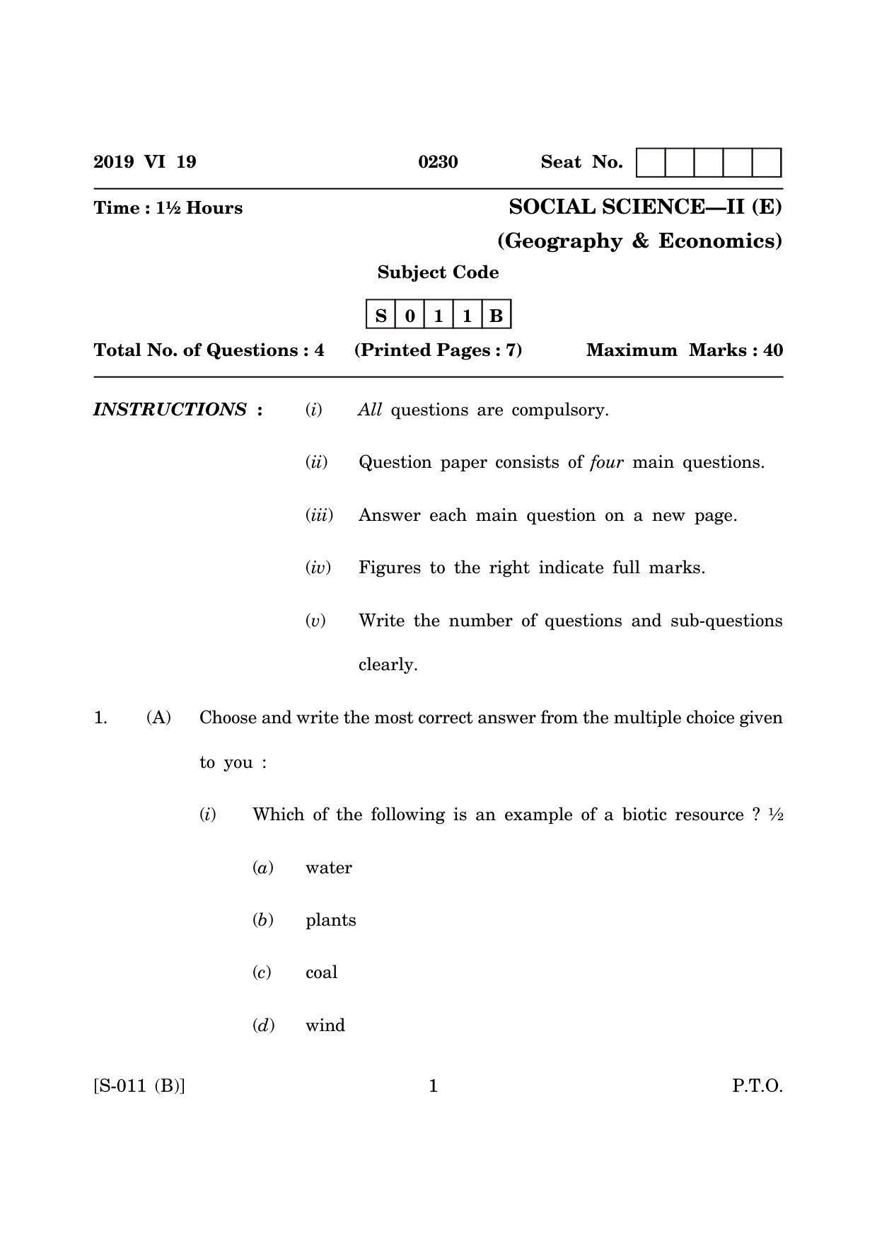 Goa Board Class 10 Social Science 2 E English (June 2019) Question Paper - Page 1