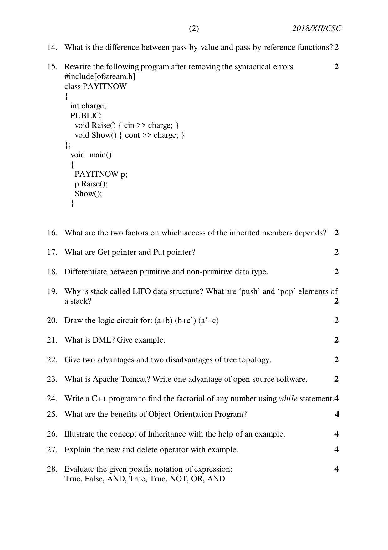 Nagaland Board Class 12 COMPUTER SCIENCE 2018 Question Papers - Page 2