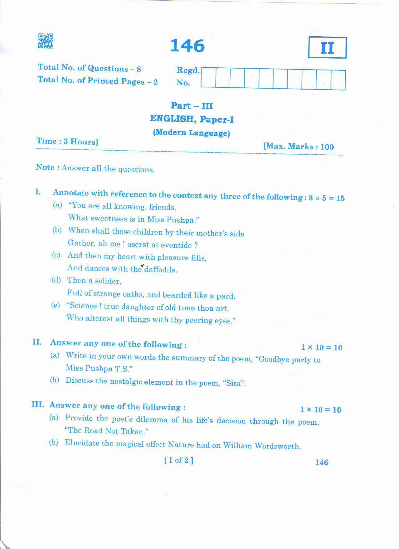 AP 2nd Year General Question Paper March - 2020 - ML ENGLISH-I - Page 1