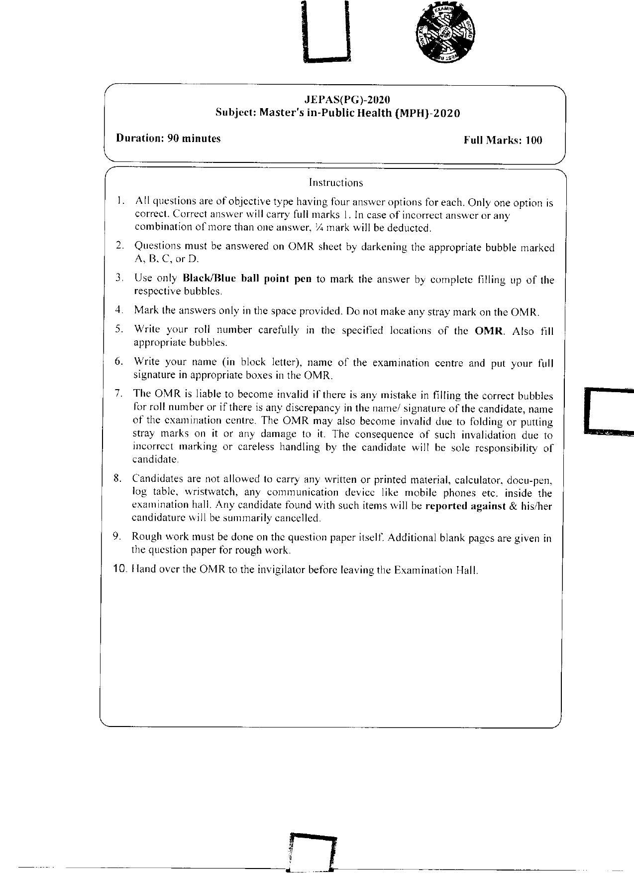 WBJEEB JEMAS (PG) 2020 MPH Question Paper - Page 1