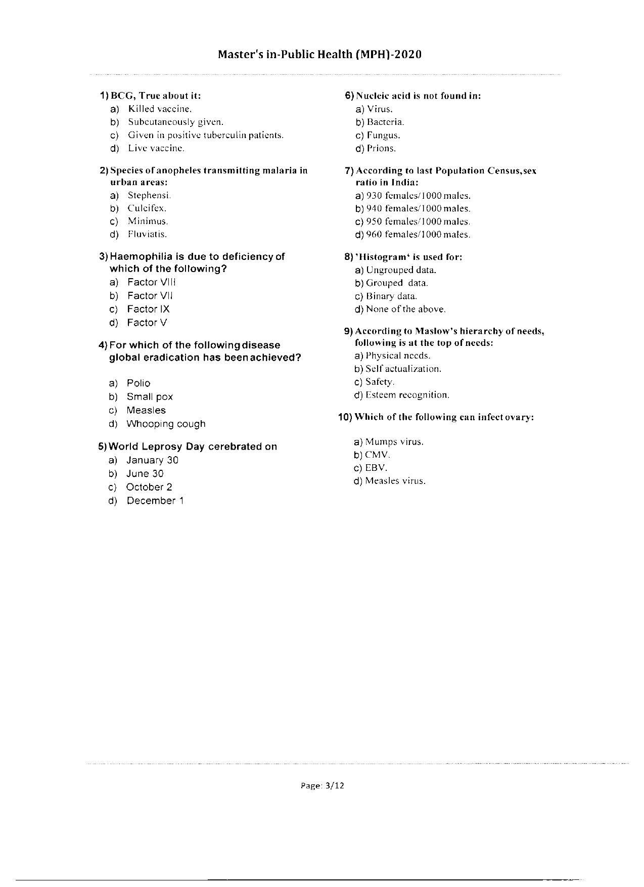 WBJEEB JEMAS (PG) 2020 MPH Question Paper - Page 3