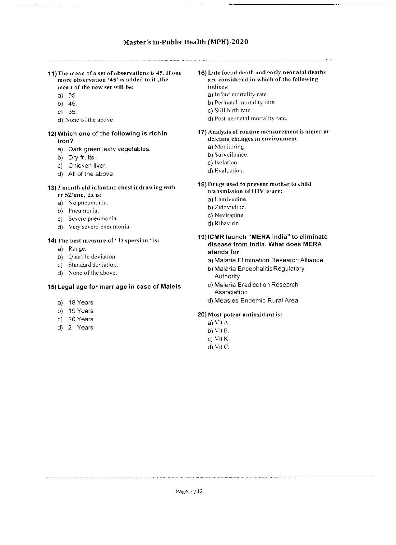 WBJEEB JEMAS (PG) 2020 MPH Question Paper - Page 4