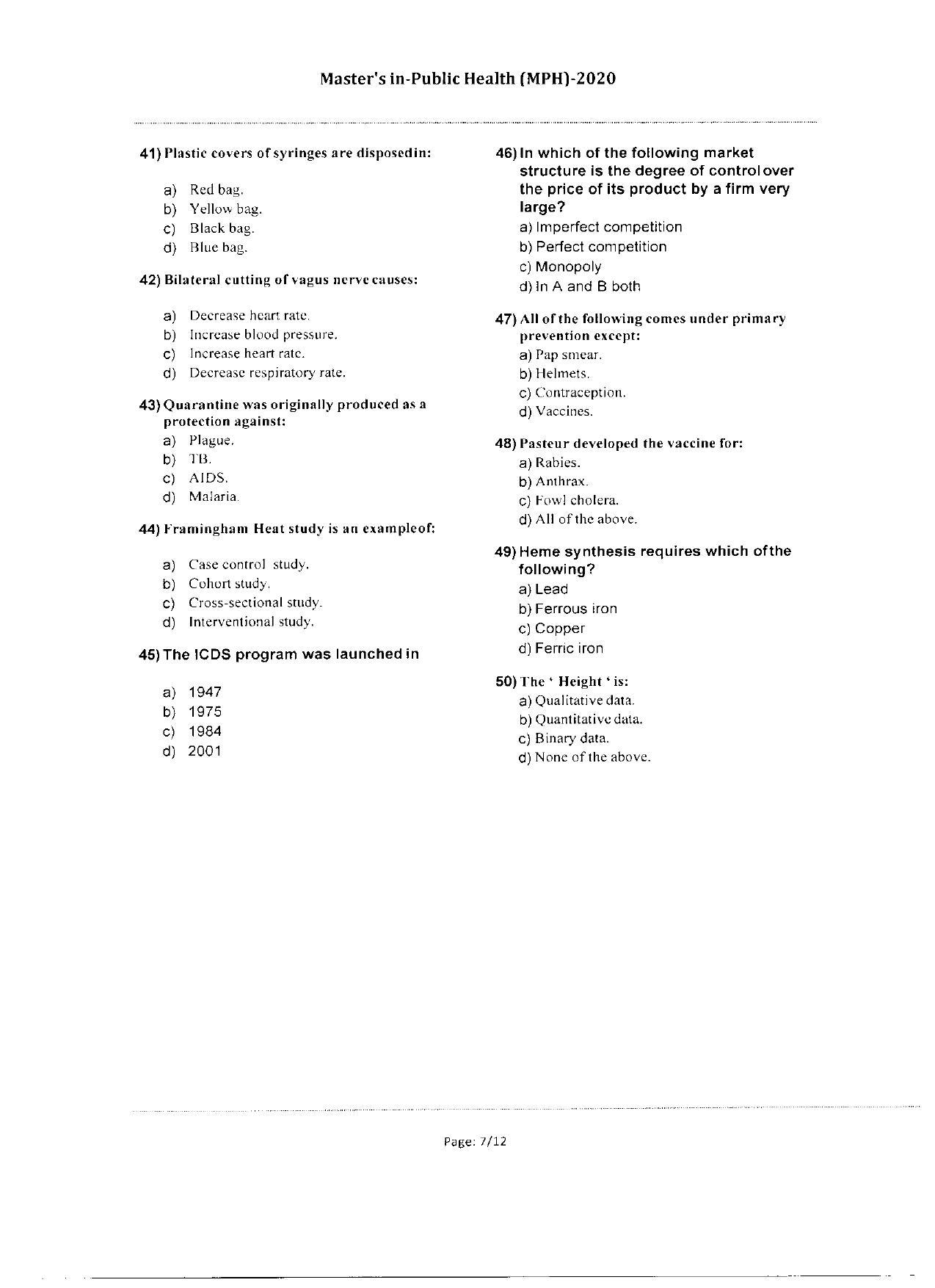 WBJEEB JEMAS (PG) 2020 MPH Question Paper - Page 7