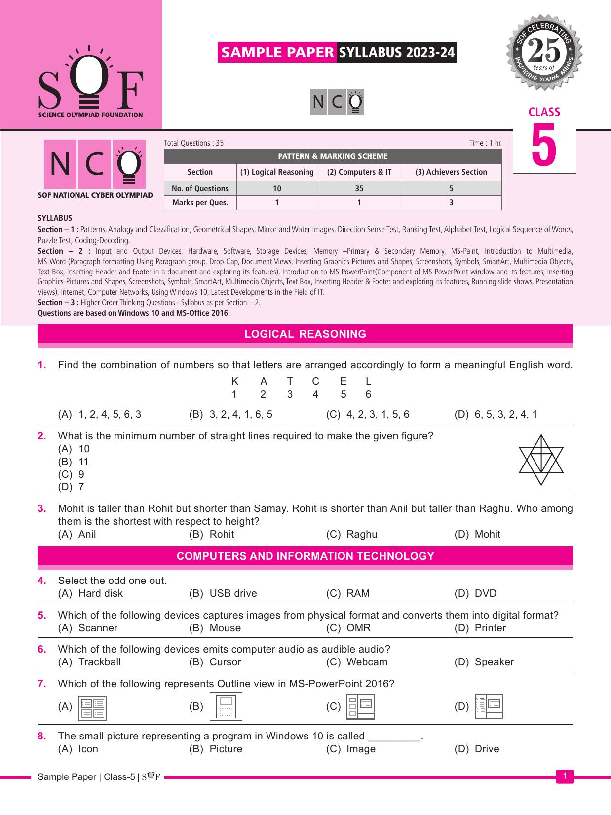 SOF NCO 2024 Class 5 Sample Paper - Page 1