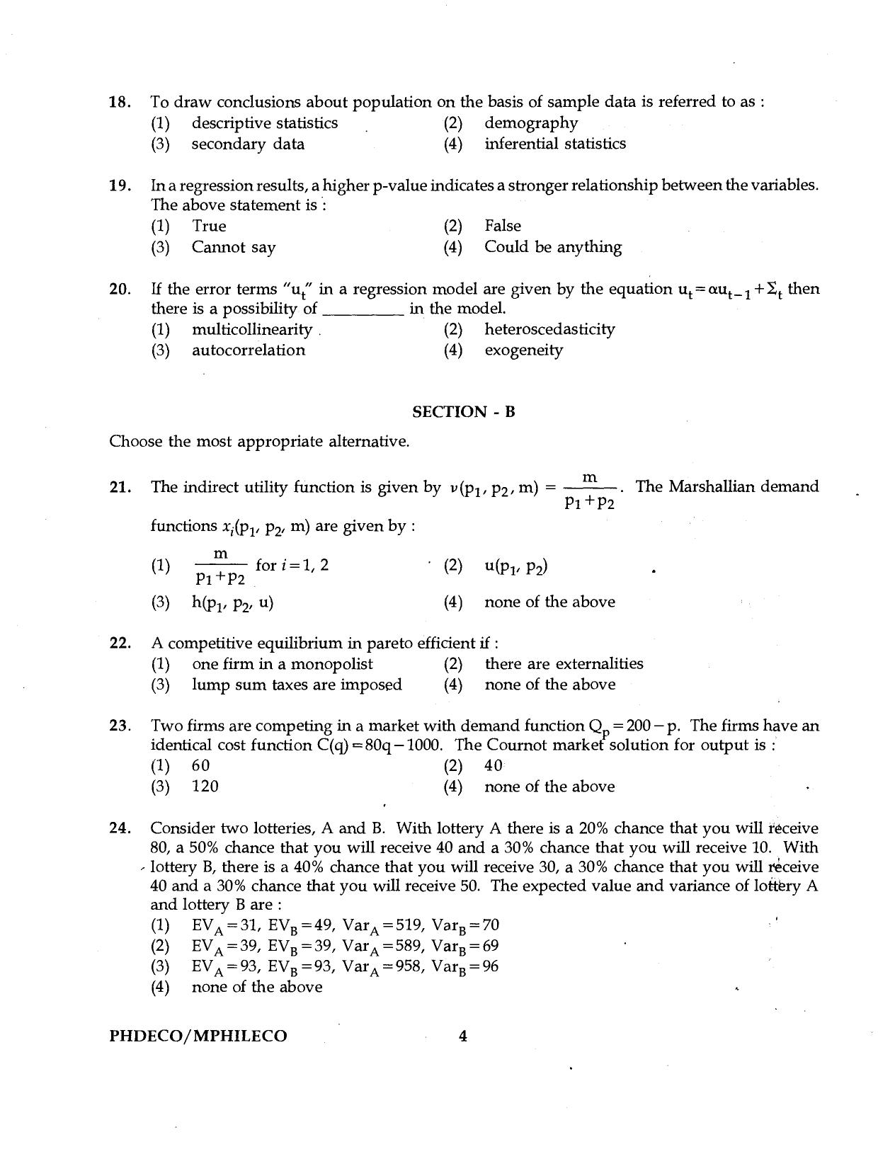 IGNOU PhD Entrance Test Ph.D./M.Phil. (Economics) 2016 Question Paper - Page 4