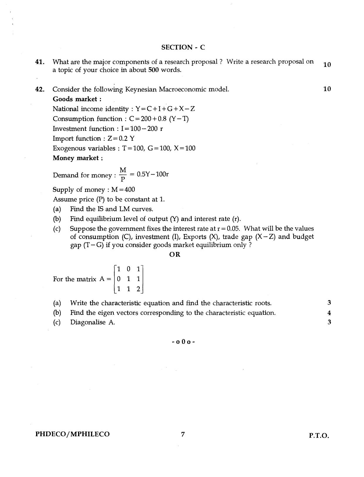 IGNOU PhD Entrance Test Ph.D./M.Phil. (Economics) 2016 Question Paper - Page 7