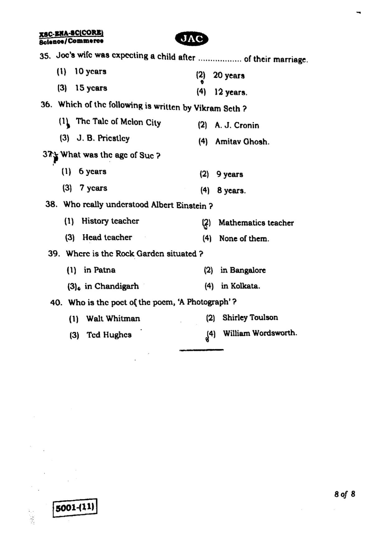 JAC Class 11 2020 English Core Question Paper - Page 8