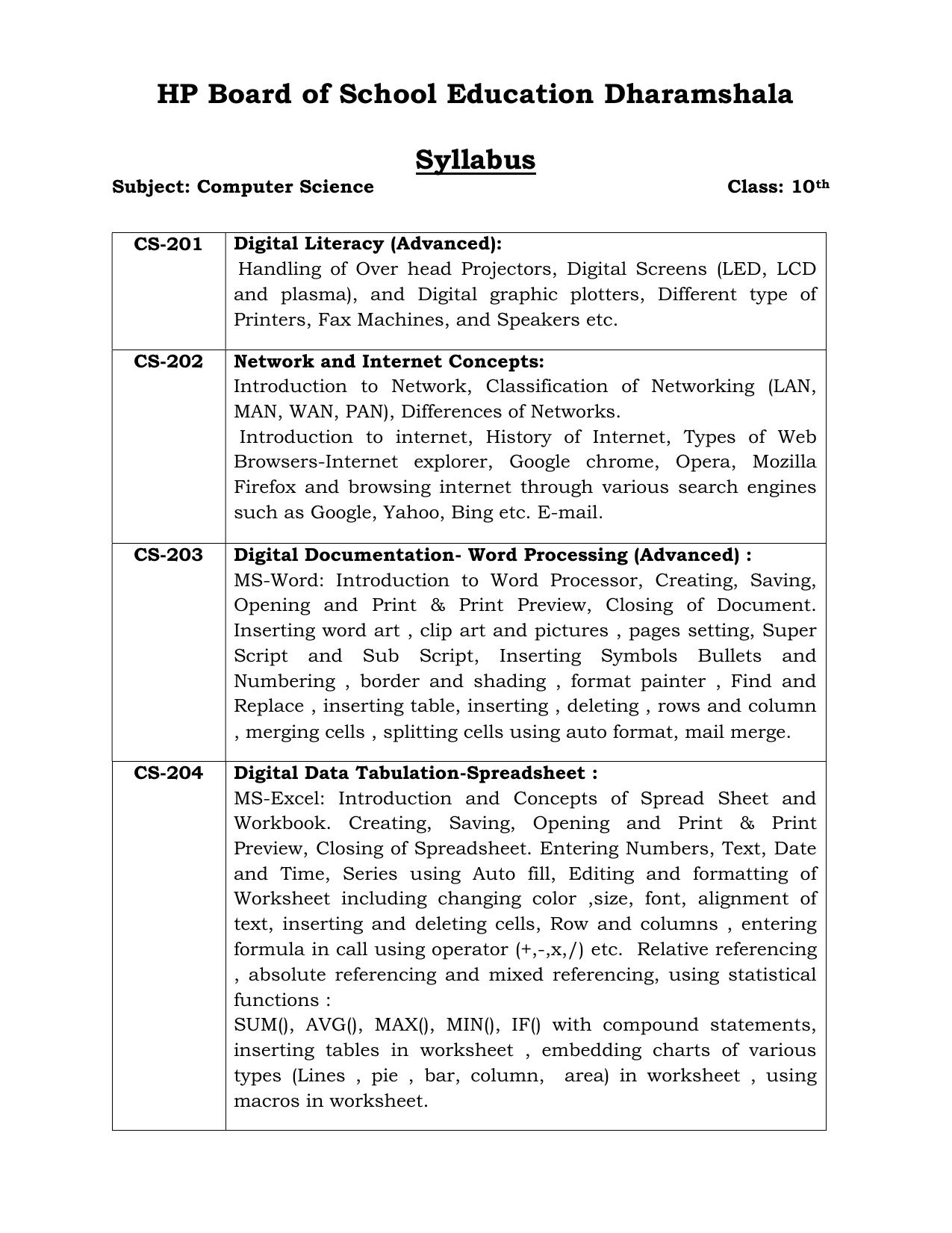 HP Board Class 10th Syllabus for Computer Science - Page 1