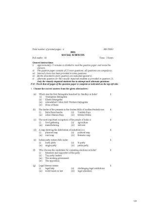 Nagaland Board Class 10 Social Science 2021 Question Paper