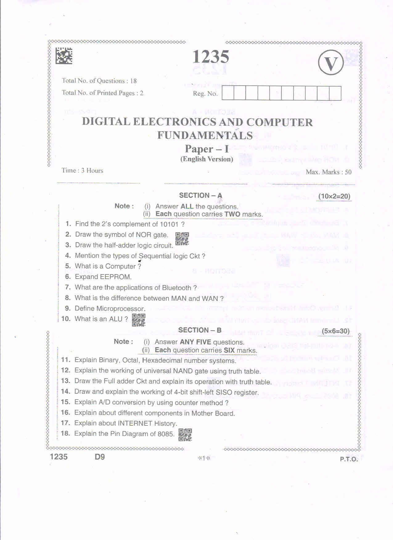 AP Intermediate 2nd Year Vocational Question Paper September-2021- Digital_Electronics_and_Computer_Fundamentals-I - Page 1