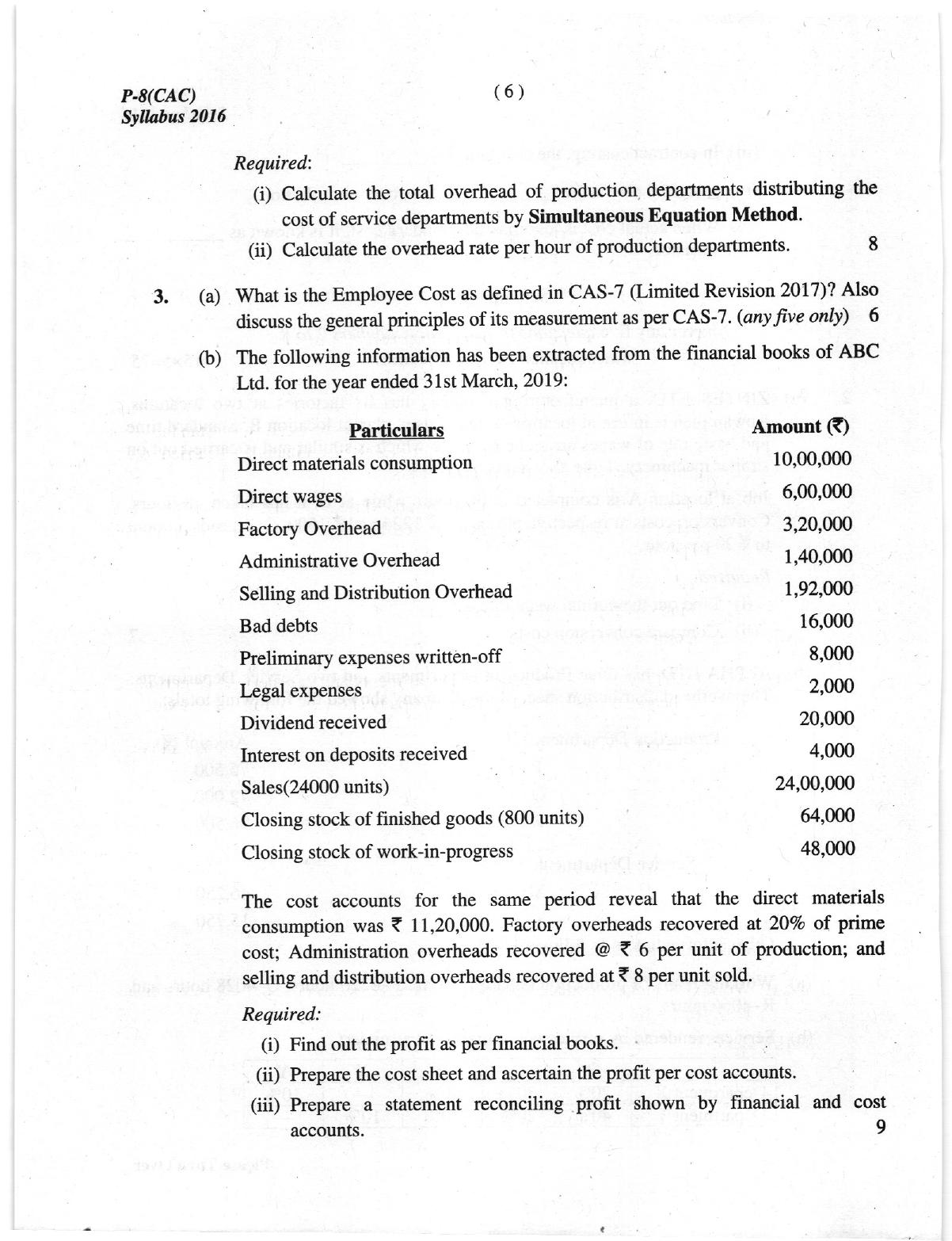 ICMAI June 2019 Cost Accounting Question Paper (Intermediate) - Page 6
