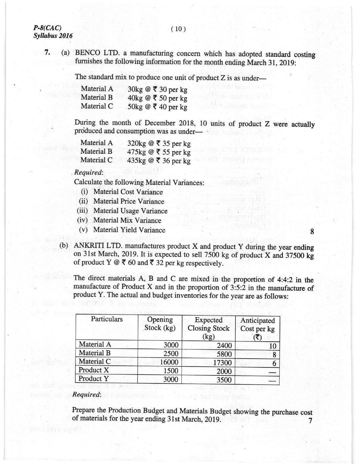 ICMAI June 2019 Cost Accounting Question Paper (Intermediate) - Page 10