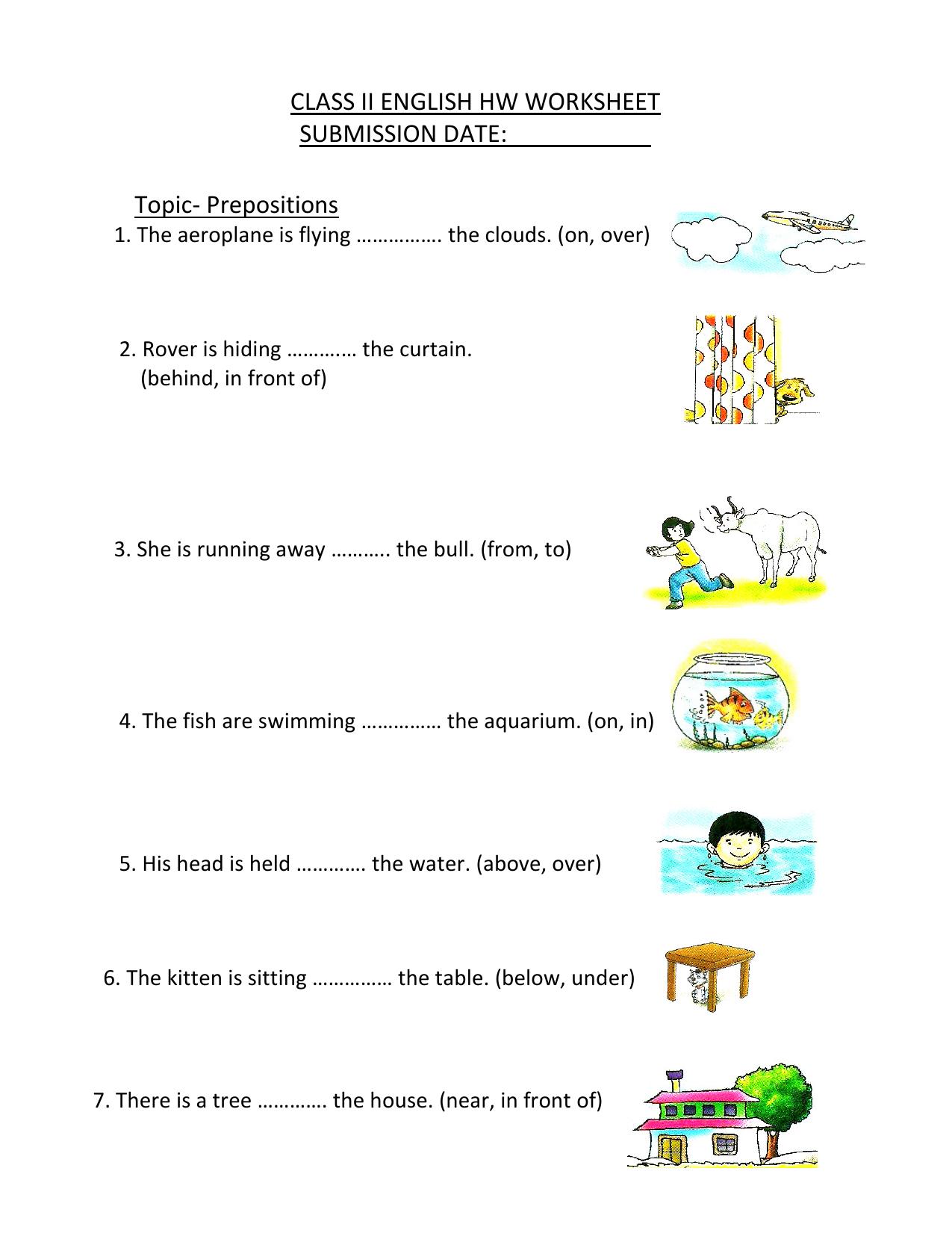 Worksheet for Class 2 English Assignment 62 Prepositions - Page 1