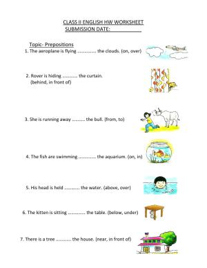 Worksheet for Class 2 English Assignment 62 Prepositions