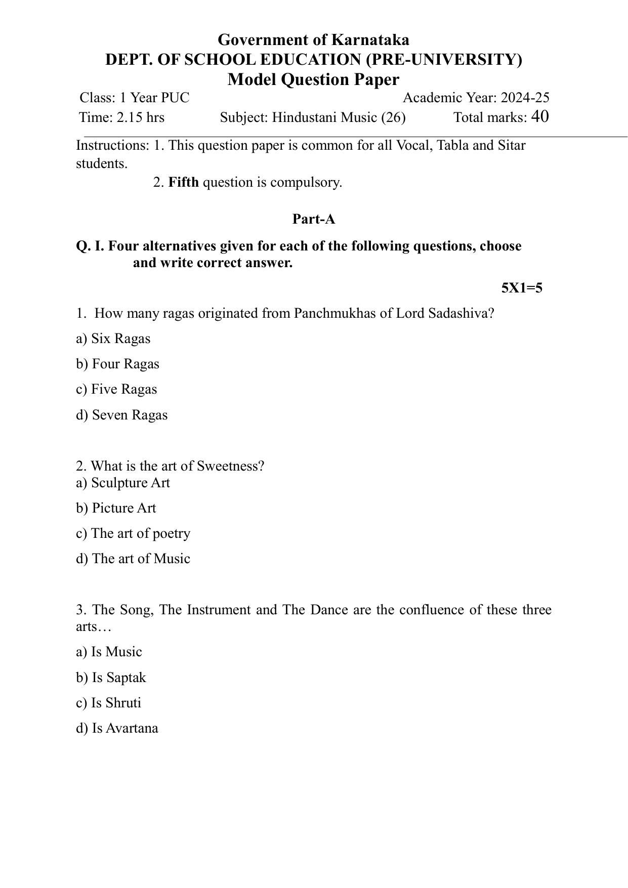 Karnataka 1st PUC H.Music Model Question Paper 2025 - Page 4