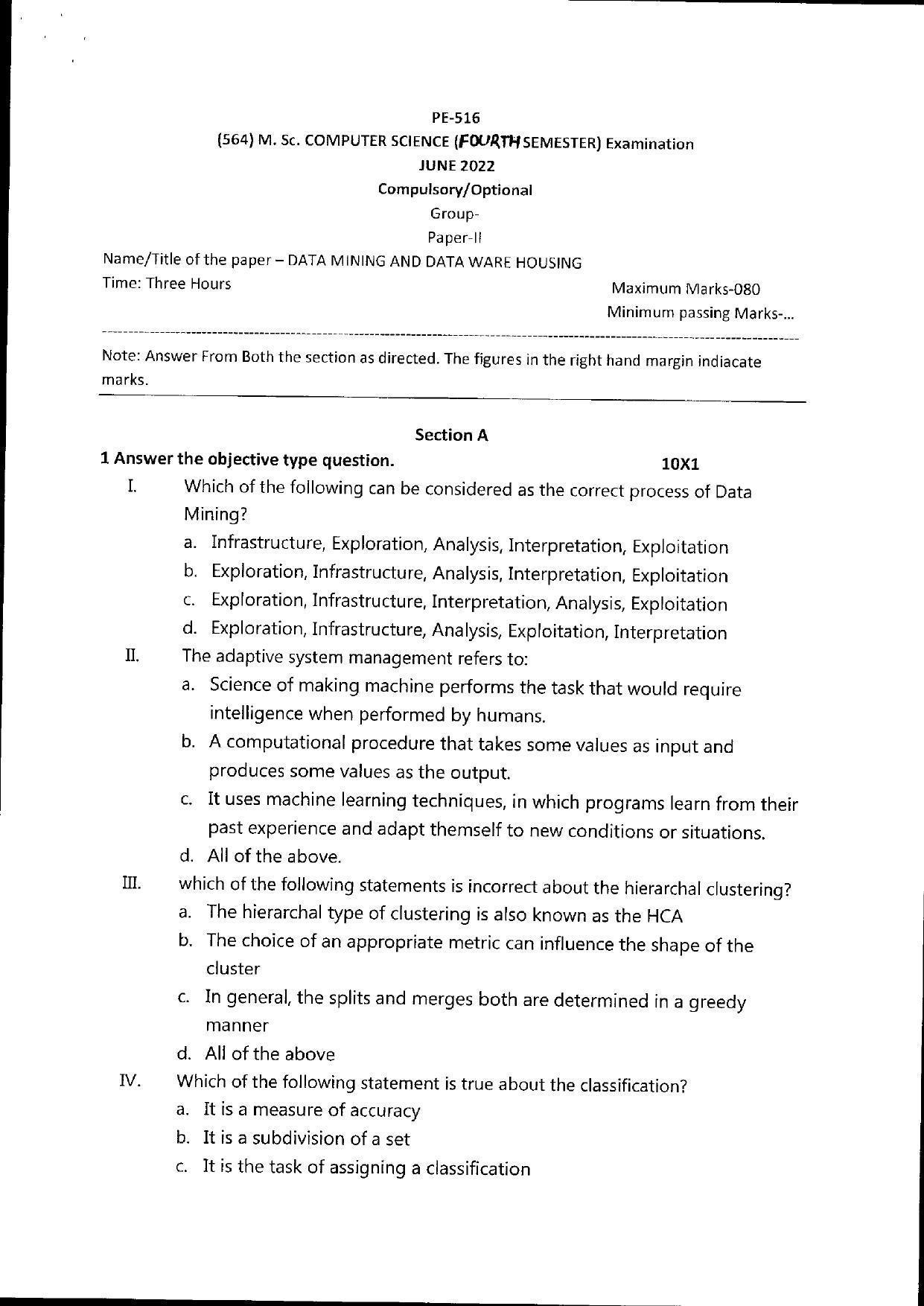 Bilaspur University Question Paper June 2022:M.Sc. Computer Science  (Fourth Semester) Data Mining And Data Ware Housing Paper 1 - Page 1