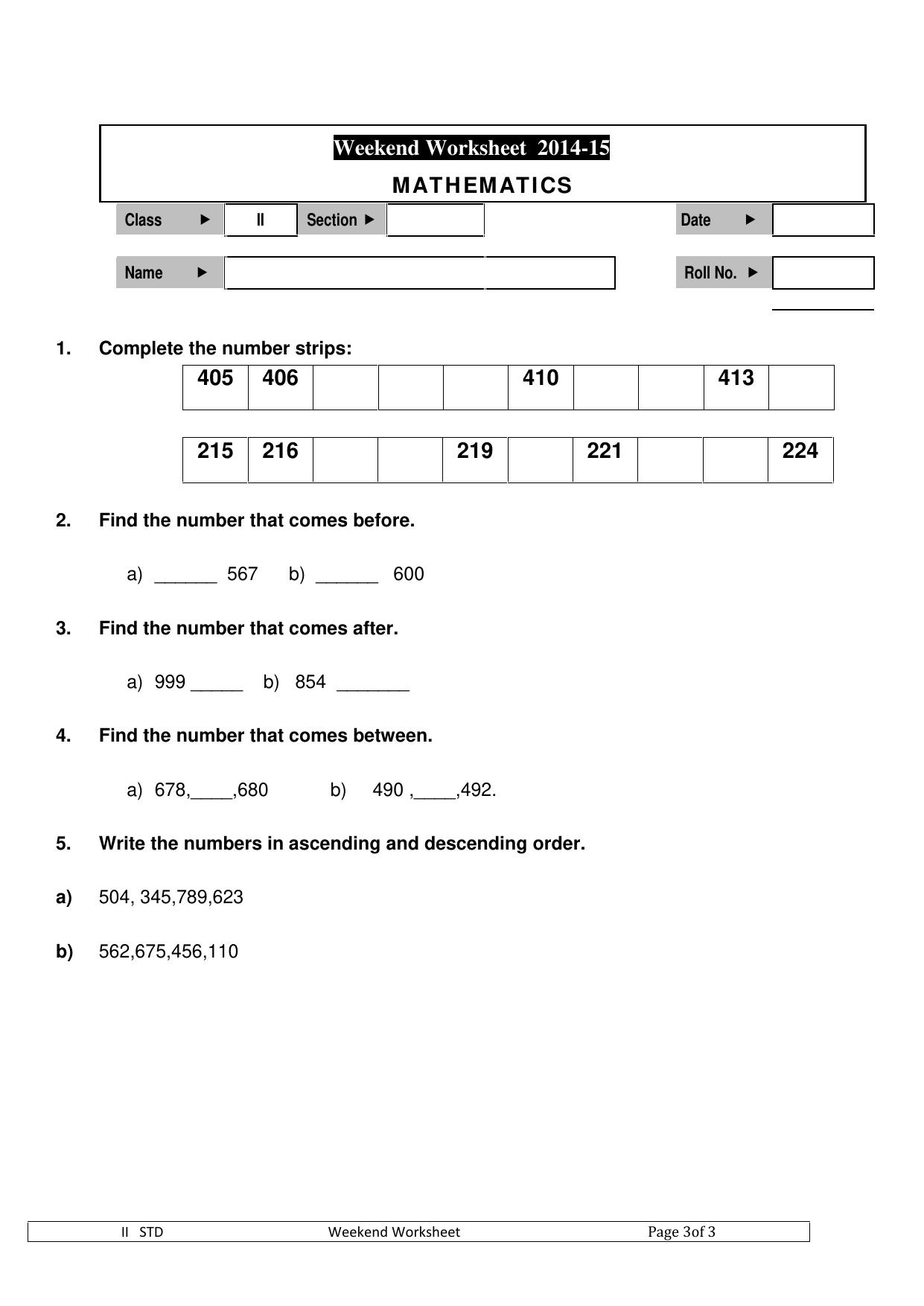 Revison Worksheets for Class 2 Maths Assignment 151 - Page 1