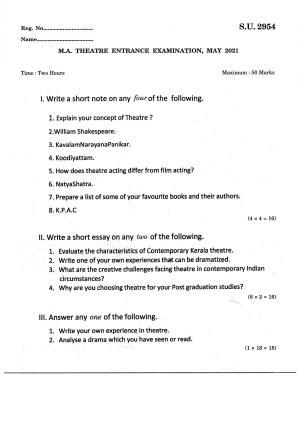 SSUS Entrance Exam Theatre 2021 Question Paper
