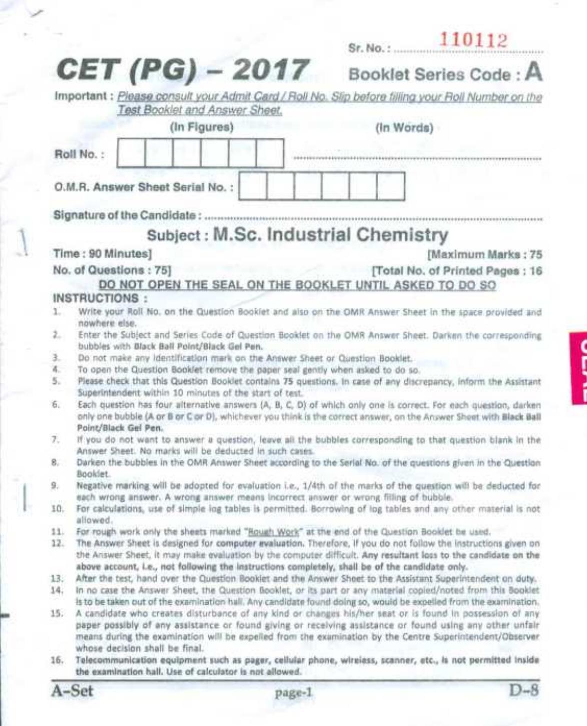 PU CET UG 2017 M.Sc.(Industrial Chemistry) Question Paper - Page 1