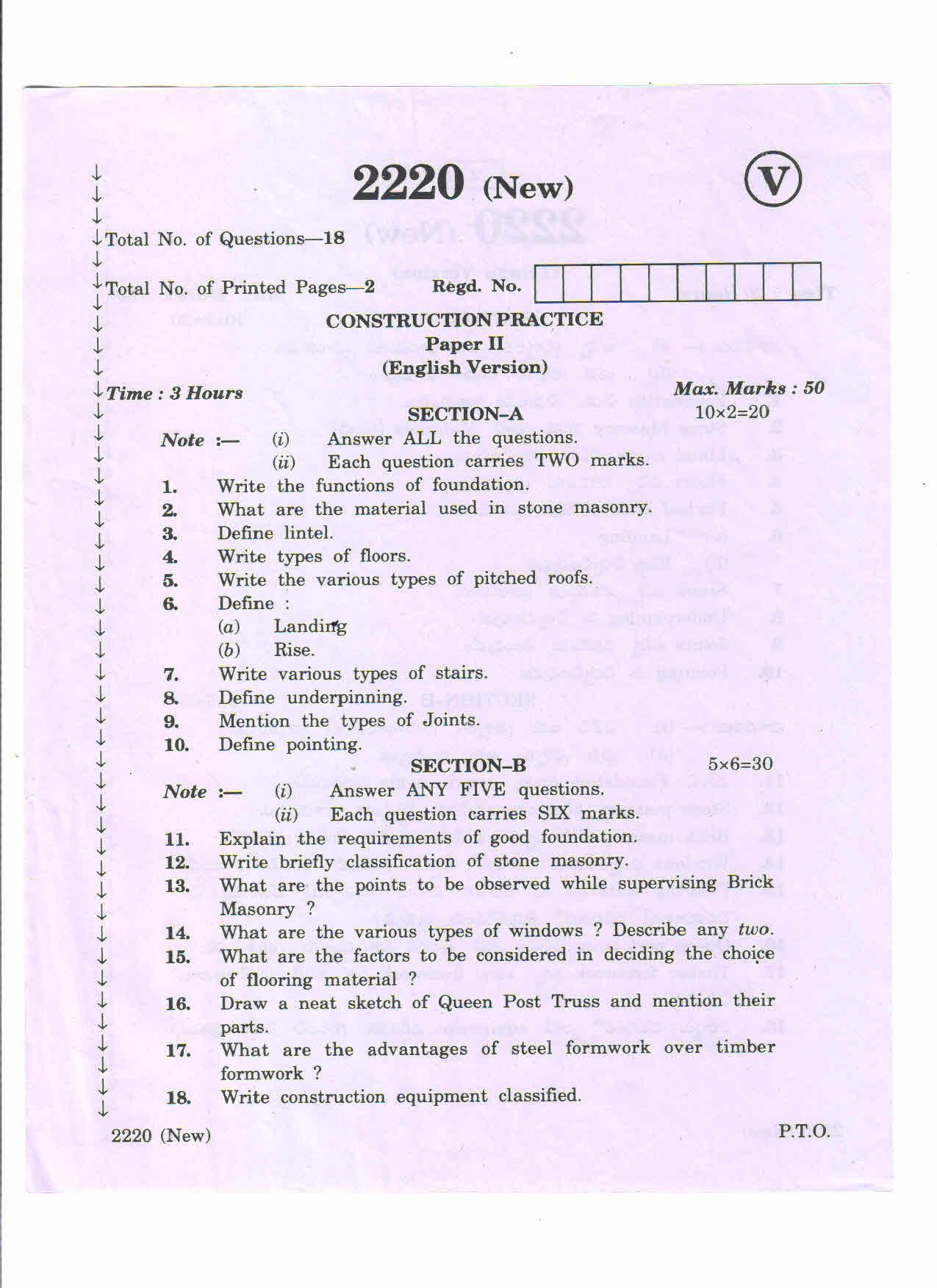 AP Inter 2nd Year Vocational Question Paper March - 2020 - Construction Practice - II (new) - Page 1