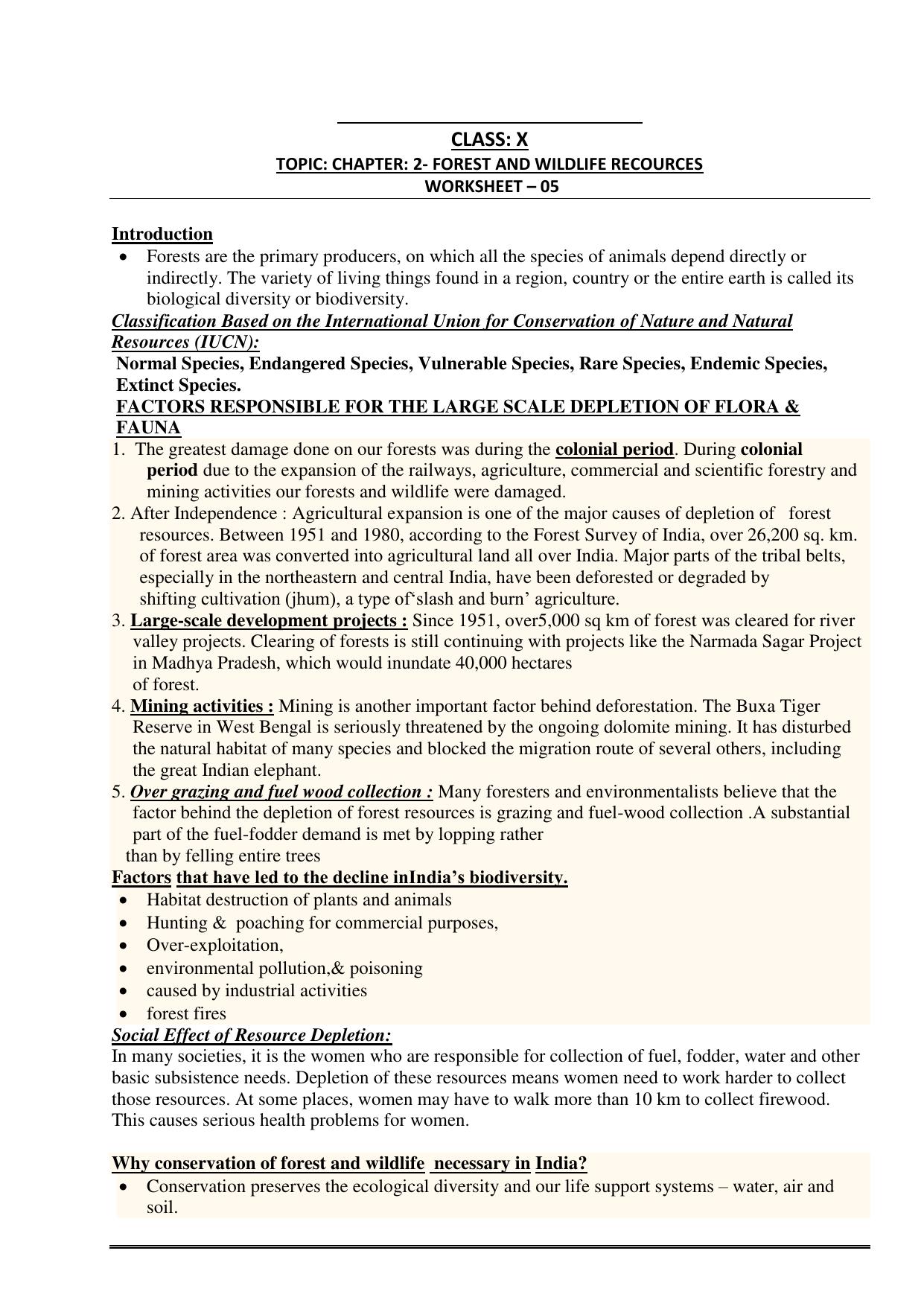 CBSE Worksheets for Class 10 Social Science Forest and Wildlife Resources Assignment - Page 1