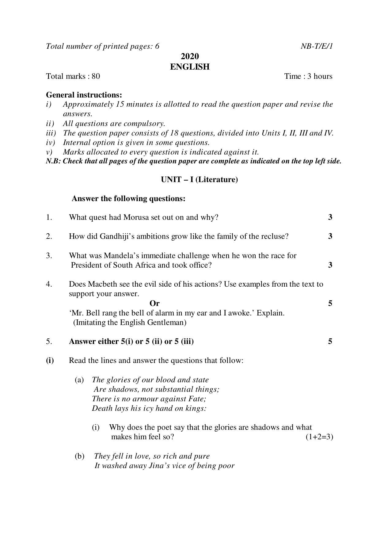 Nagaland Board Class 10 ENGLISH 2020 Question Paper - Page 1