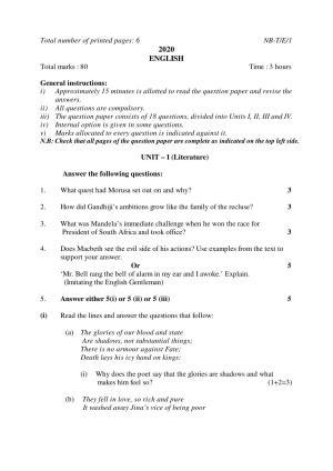 Nagaland Board Class 10 ENGLISH 2020 Question Paper