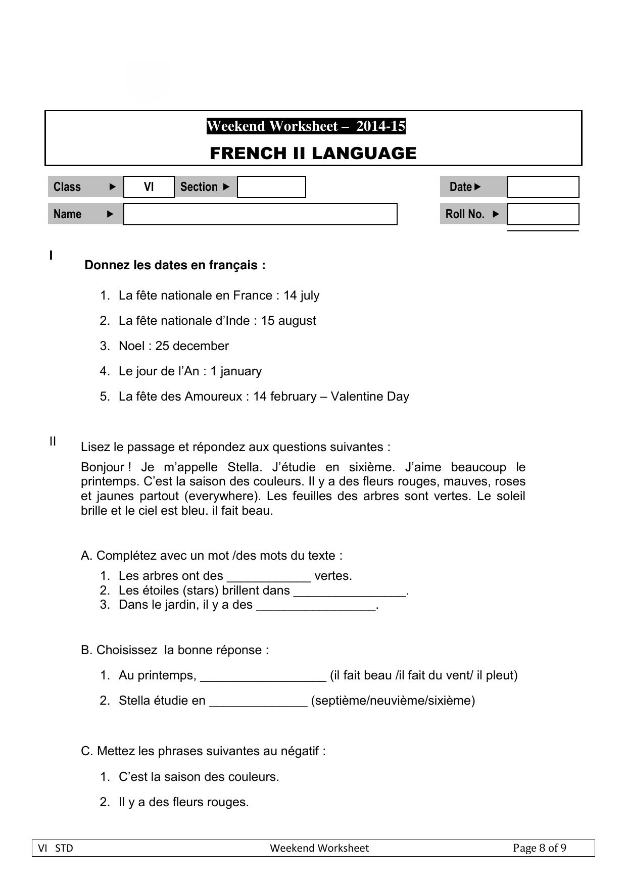 Worksheet for Class 4 French Assignment 6 - Page 1