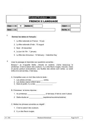 Worksheet for Class 4 French Assignment 6