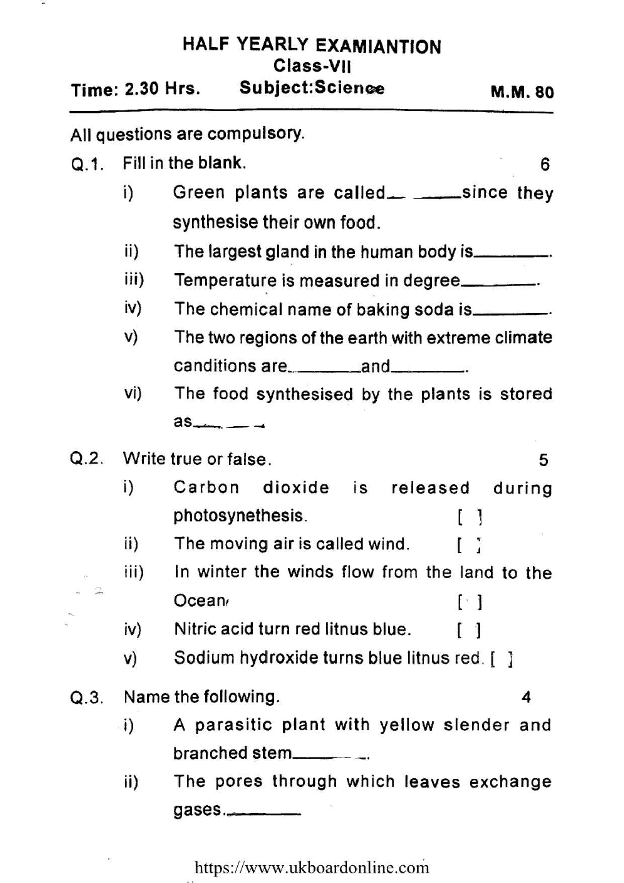 UBSE Class 7 HY SCIENCE 2021 Question Paper - Page 1